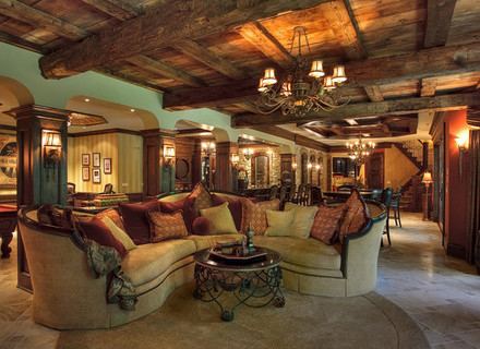 Rustic log cabin basement games room