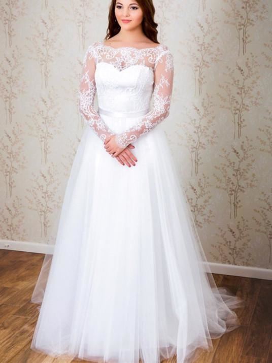 Discount Amazing Tulle Bateau Neckline See Through White A Line Wedding Dresses With Beaded Lace Appliques Long Sleeves Bridal Dress Online Dresses Shopping